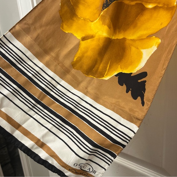 Oscar de la Renta Vintage Silk Satin Floral Scarf Yellow and Brown Designer Wrap - Picture 3 of 7